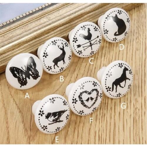 New 100pcs/lot Black & White Printed Decorative Round Ceramic Knob, Cabinet Hardware, Modern Wardrobe Furniture Door