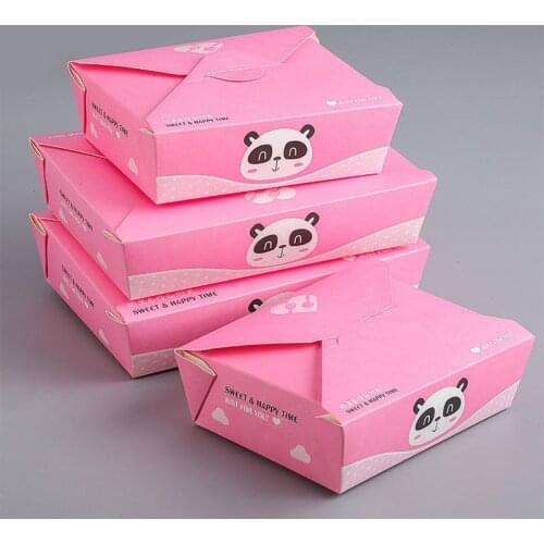 Salad Box Disposable Case Cardboard Box Paper Box Cartoon Panda Anti-Oil Pink Packaging Paper Bowl Take Away Packing Tool 20pcs
