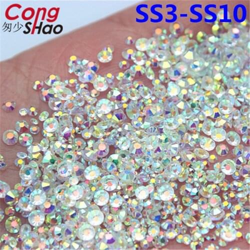 Cong Shao Mix Sizes Transparent Stone SS3-SS10 Glass Gem Clear AB 3D Nail Rhinestones,1440Pcs Flat Back Non Hotfix Crystal YB992