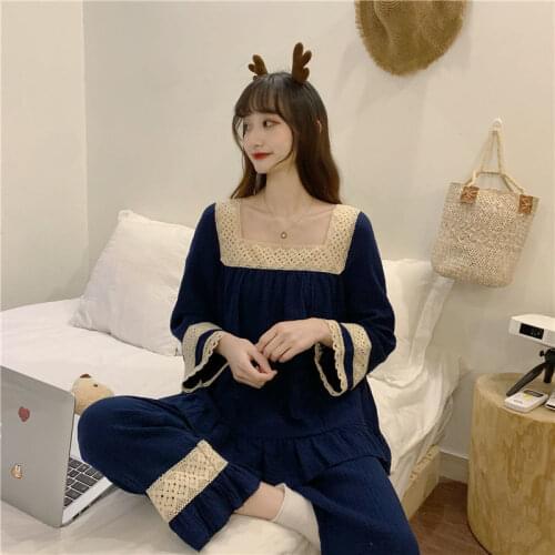 QWEEK Cotton Pajamas Women Vintage Palace Style Pijamas Lace Square Collar Long Sleeve Trousers Pyjamas Sleepwear Navy Blue Cute