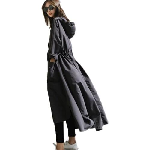 Thin Harajuku Windbreaker Women Long Loose Coat Autumn Hooded Single-breasted Long Sleeve Outwear casaco feminino longo f1099