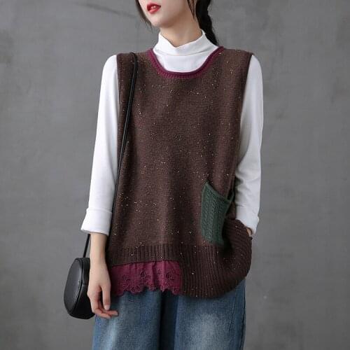 Spring Autumn Vests Women Retro Loose Pocket Lace Patchwork Asymmetric Female Knit Tops Fashion Wool Shawl