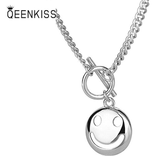 QUEENKISS NC663 Fion Jewelry Wholesale Fashion Lady Girl Birthday Wedding Implicity Round Smiley 925 Silver Pendant Necklace