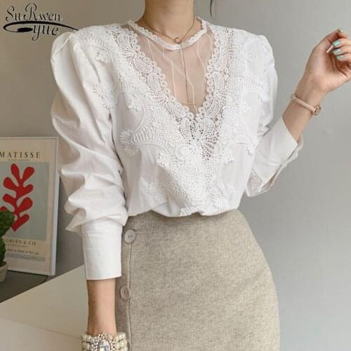 Autumn Spring Long Sleeve Women Blouse with Lace Office Lady Elegant Sexy Shirts Pullover White Black Female Tops Blusas 12451