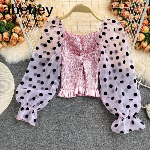 2021 New Summer Sweet square collar puff sleeve Shirt high waist pleated mesh patchwork Polka Dot print short Shirt Top