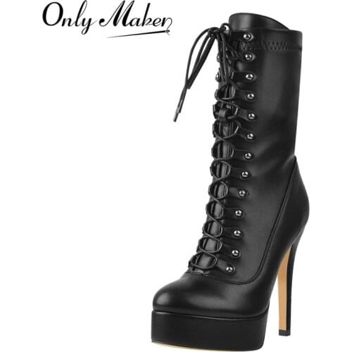 Onlymaker Winter Platform Lace-Up Ankle Boots Stiletto High Heels Matte Black Inner Plush Shoes Side Zipper For Women Large Size