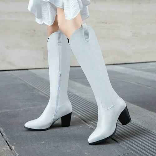 New Series Women Western Boots Fashion Pointed Toe Square Heel Womens Knee High Boots with Zipper Winter Ladies Shoes Black