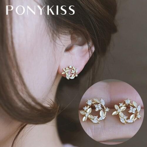PONYKISS 100% 925 Sterling Silver Flower Zircon Stud Earrings For Women 14K Gold Fine Jewlry Cute Accessory Drop Shipping