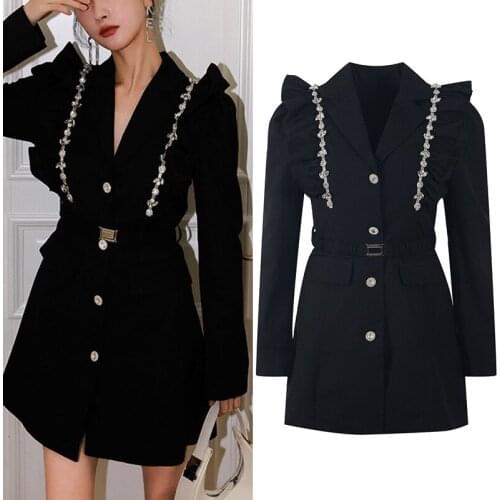 Blazer Dresses for Women Solid Black Mini Crystal Diamonds Beading Elegant Office Lady Party Club Casual Robes Vestidos Korean
