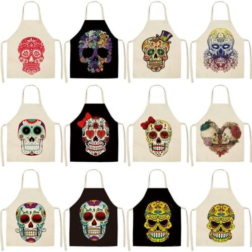 1Pcs Skull Pattern Kitchen Apron for Cooking Sleeveless Cotton Linen Aprons Adult Bibs Home Cleaning Accessories WQCN36