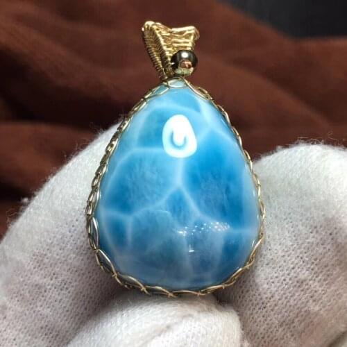 100% Natural Blue Larimar Gems Crystal Barrel Shape Necklace Fashion Woman Lady Pendant 23x18mm Water Pattern Larimar AAAAA