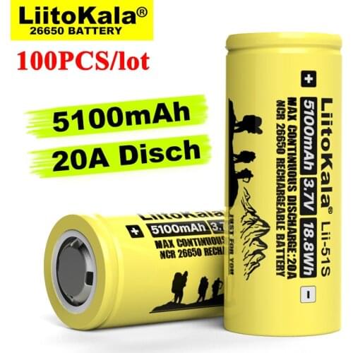 100PCS Liitokala LII-51S 26650 20A power rechargeable lithium battery 26650A 3.7V 5100mA Suitable for flashlight