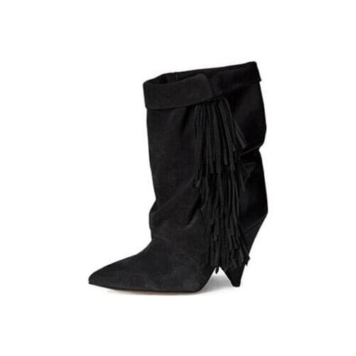 Plus Size 10 Suede Fringe Ankle Boots Sexy Cone Heel Pleated Ankle Boots Women Low Heel Winter Dress Shoes Black Gray