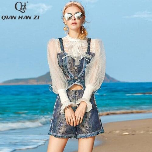 Qian Han Zi high-end custom fashion women 2-piece set bow collar Embroidery and mesh lantern sleeve shirt jacquard shorts suit