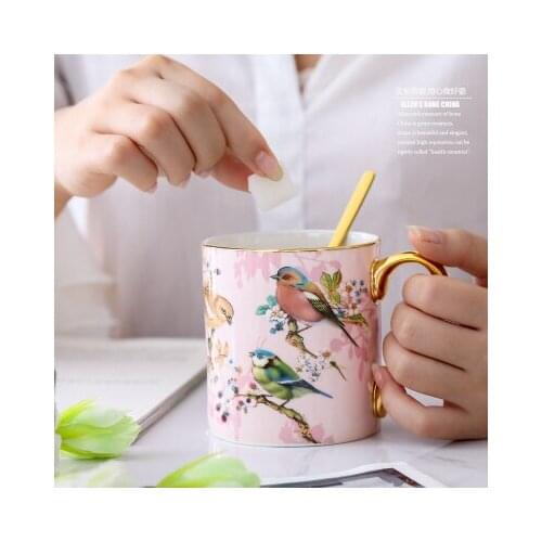 European Bone China Mug pastoral pink flower and bird afternoon tea cup tea coffee spoon mug gift box drinking set