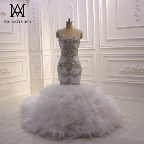 Robe de soiree Cap Sleeve Rhinestone Crystal Glitter Tiered Ruffle Mermaid Wedding Dress