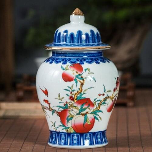 Classic Jingdezheng Vintage Ceramic Storage Tank Peach Landscape Pattern Porcelain General Tank Porcelain Jars Vases