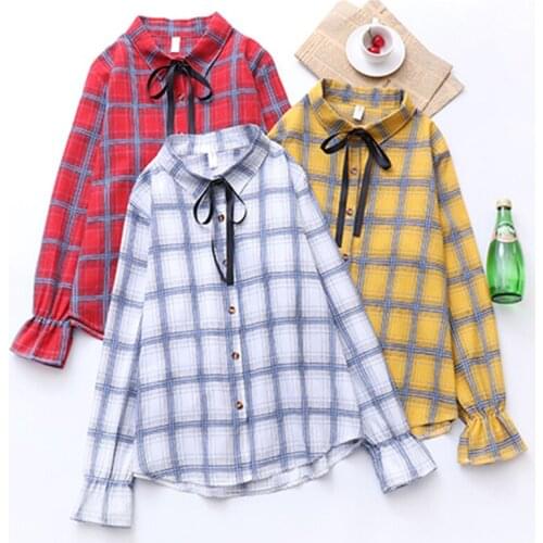 Colorful Plaid Blouse Female Tops Korean Bow Tie Shirts Loose Blouse Spring New Harajuku Casual Women Elastic Long Sleeve Tops