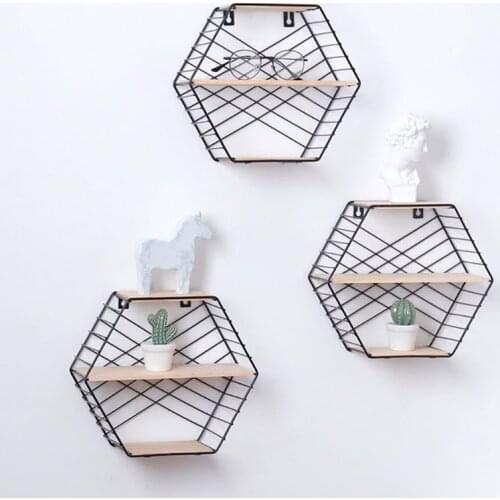 Wall Mounted Floating Shelf Modern Simple Geometry Wood Metal Wire Hexagon Plant Flower Storage Shelves Display Perfect Decor