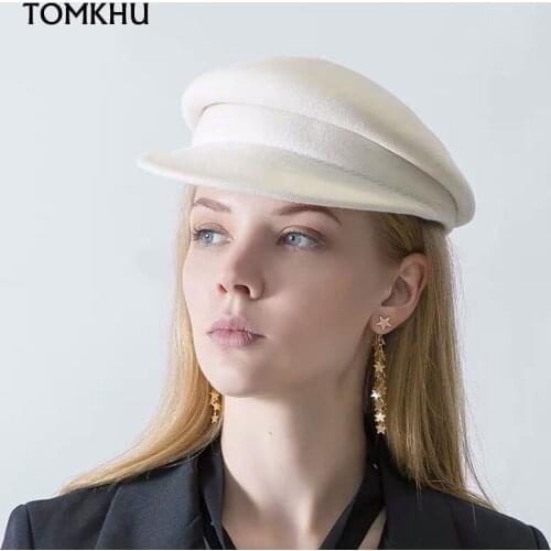 New Winter 100% Wool White Black Fedora Hat Warm Hat For Women Visor Beret Newsboy Hat Ladies Felt Church Sombrero Mujer Cap
