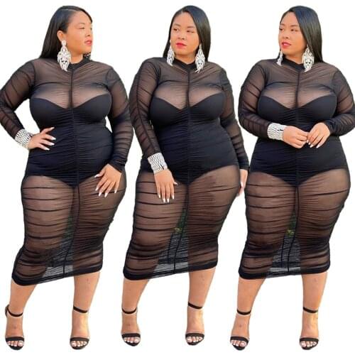 Nightclub Wear Women Sexy Mesh Dress 2021 Spring Plus Size See-through Ladys O-neck Shirring Dresses + Solid Bodysuits 2PCS