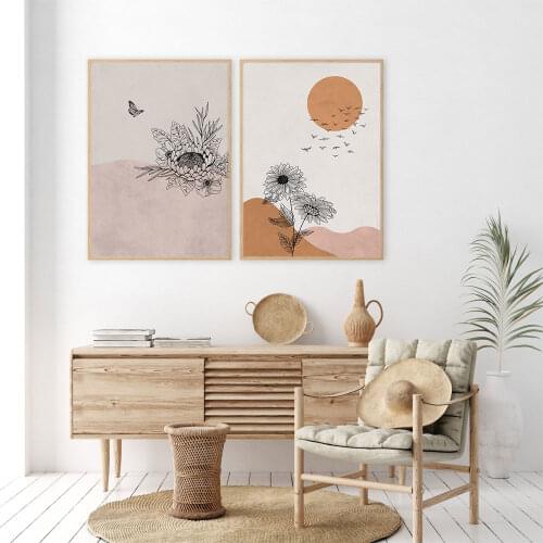 Boho Landscape Poster Dusk Dawn Scene Line Art Print Mid Century Floral Canvas Painting Modern Wall Picture Bedroom Home Decor