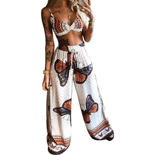 STYLISH LADY Printed Two Piece Set Women Crop Tube Top and Wide Leg Pant Set 2021 Summer Beach Boho 2 Piece Outfits