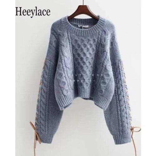 Oversized Loose Women Knitted Sweaters O-neck Lace Up Long Sleeve Pullovers Vintage Ladies Jumpers Knitwear Femme Elegant Tops