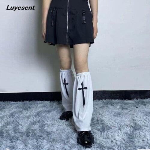 Punk Gothic Y2k Cross Girl Leg Warmer Lady Sword Printed Black White Fluffy Leg Warmers Harajuku Streetwear Goth Knit Long Sock