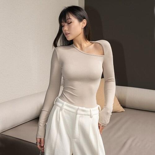 WOMENGAGA Women Asymetric Neck Long Sleeved Top Sexy Fitted T-shirt summer tees tops korean women RQ0O