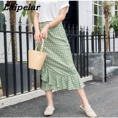 Korean black white polka dot midi skirts womens Summer boho ruffles high waist skirt chic beach long skirt Streetwear