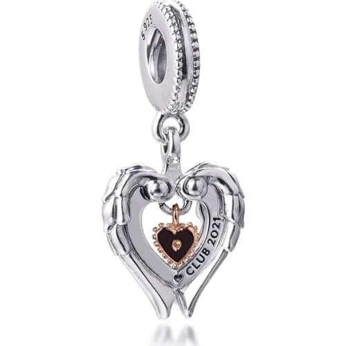 Valentines Day 2021 Angel Wings & Heart Dangle Sterling Silver Jewelry Fits Original Charm Bracelet & Necklace Woman DIY Bead