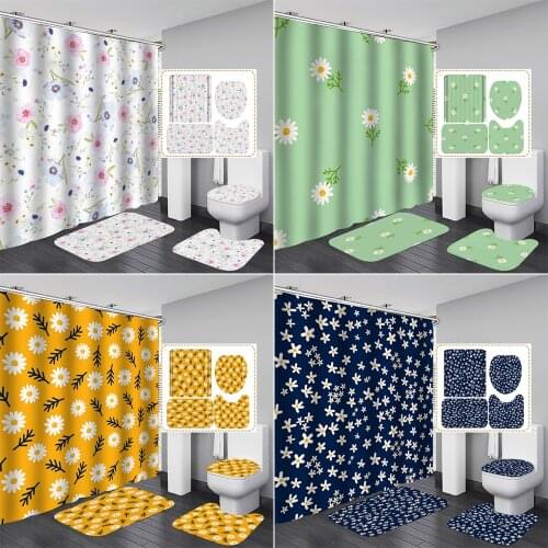 Flower Plant Print Shower Curtain Waterproof Polyester Bathroom Curtains White Non Slip Carpet Toilet Lid Cover Bath Mats Set