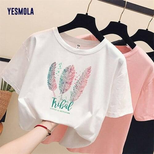 YESMOLA Womens T Shirts Feather Print Harajuku Funny T-shirt 90s O-Neck Casual Lady Graphic Tshirt Ladies Female Tee T-shirts