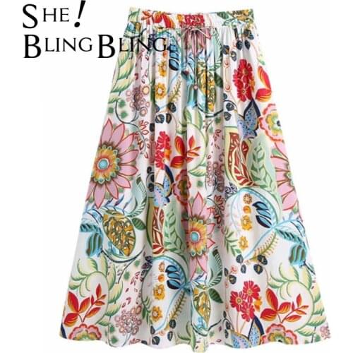 SheBlingBling Women Flowers Print Midi Skirt Vintage High Waist Pleated Midi Skirts Woman Elastic Drawstring Waist Summer Skirt