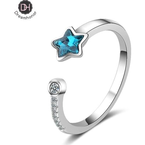 Dreamhonor Sterling Silver 925 Women Rings Blue Zircon Star Open Ring For Women Fine Silver Jewelry