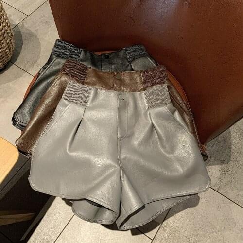 2021 New Women Spring PU Leather Wide Leg Shorts Loose Elastic High Waist