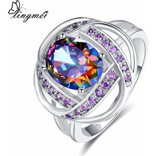 Lingmei Wedding Band Cocktail Oval Cut Rainbow & White & Blue Cubic Zircon Silver Color Fashion Ring Size 6-9 Women Men Jewelry