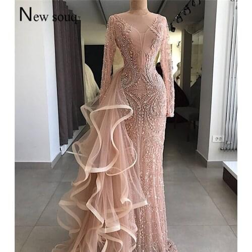 Pink Beaded Evening Dress Abendkleider 2019 Illusion Dubai Arabic Evening Party Gowns Robe De Soiree Kaftan Formal Dress Mermaid