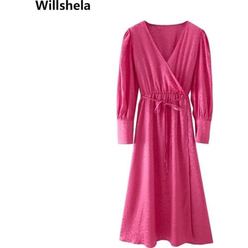 2021 Women Vintage Jacquard Satin Dress with Waist rope Elegant Long sleeves Fashion Chic Lady Woman Casual Midi Long Dresses