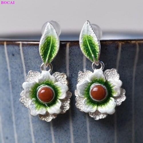 BOCAI S925 Sterling Silver Earring Blue Burnting Plum Blossom Leaf Peony Pearl Jewelry Pure Argentum Enameling Womens Ear Studs