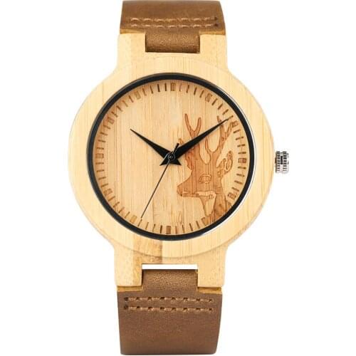 Quartz Wooden Watch for Men Deer Head Pattern Brown Dial Wooden Watches Durable Deep Brown Leather Band Wooden Wristwatch