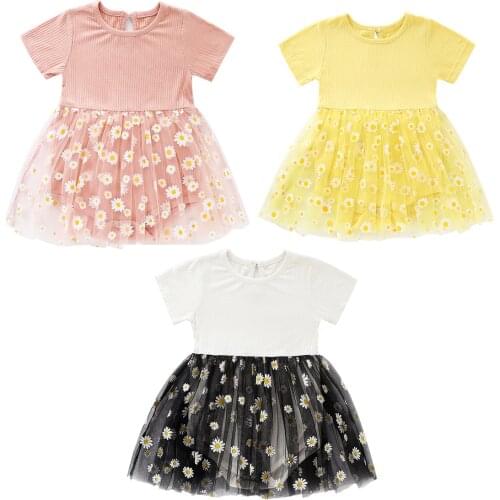 Toddler Baby Daisy Print Romper Mesh Dress Girls Short Sleeve O-neck Knitted Jumpsuits Sundress for Summer Infant Outfits