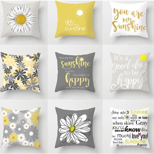 Daisy Pillow Covers You are My Sunshine Yellow Gray with Chevron Words Decorative Pillow Cases Home Decor Square 18x18 Inches