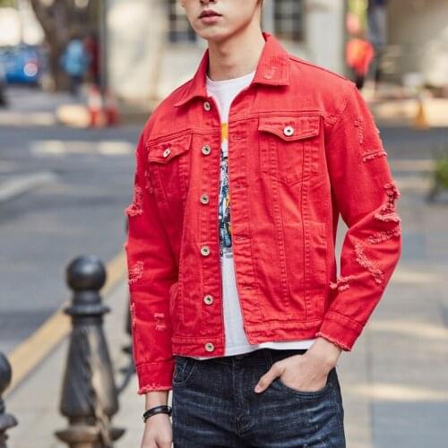 Spring Autumn Ripped Hole Men Denim Jacket Fashion Red Coat Streetwear Male Cool Cowboy Locomotive Jacket High Quality