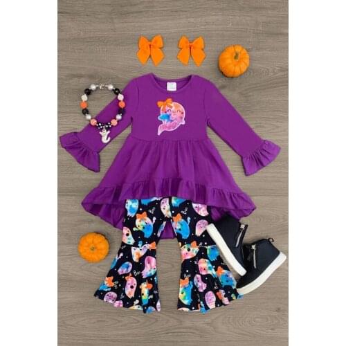 FOCUSNORM Halloween Kids Girls Lovely Clothes Sets 2pcs Cartoon Print Ruffles Long Sleeve Dress Tops Pants Outfits 1-6Y