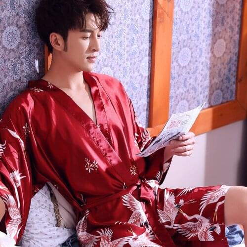 Red Silk Bathrobe Satin Crane Printed Kimono Mens Sleepwear Black Japan Style Soft Cozy Silk Pajamas For Mens Chinese Rayon Sets