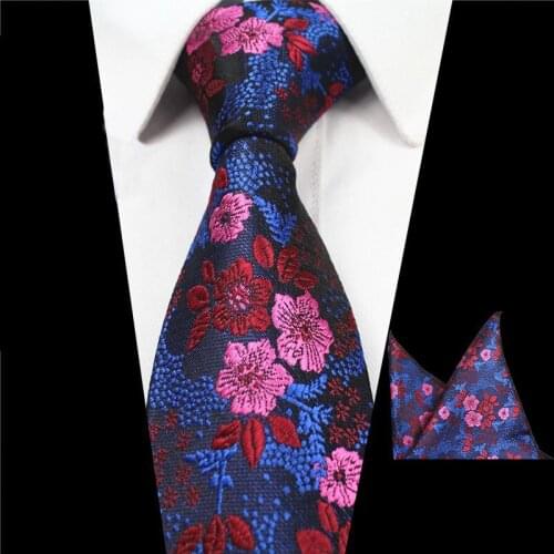 Ricnais Classic 7cm Slim Necktie Black Yellow Floral Jacquard Silk Pocket Square Tie Set For Mens Business Hanky Neck Ties Gifts