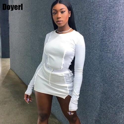 Reflective Casual 2 Piece Set Women Skirt and Top White Bodycon Matching Sets for Women Streetwear Two Piece Mini Skirt Set