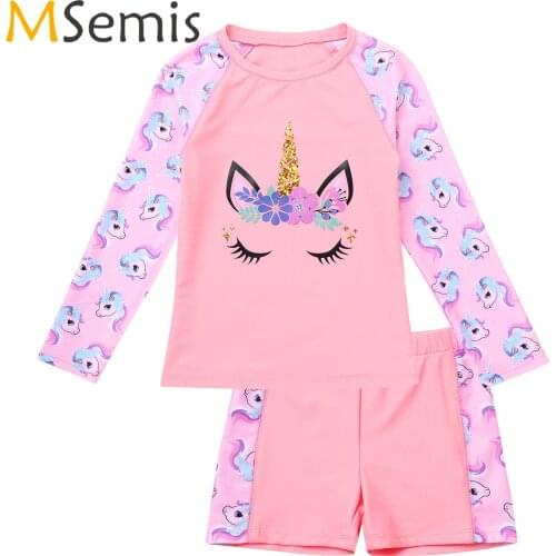 2Pcs Kids Girls Swimsuit Long Sleeves Cartoon Print Floral Print Top Boyshorts Set Beach Sunprotection Swimwear Bathing Suits